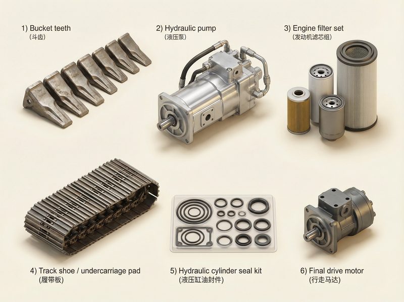 Excavator spare parts - bucket teeth, hydraulic pump, filter kit, track shoe, seal kit, final drive motor